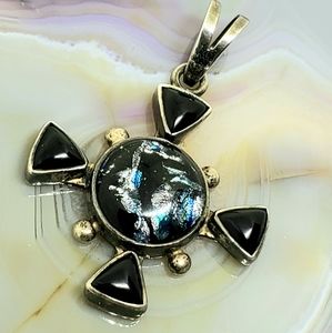 Foil art dichroic glass and sterling pendant
